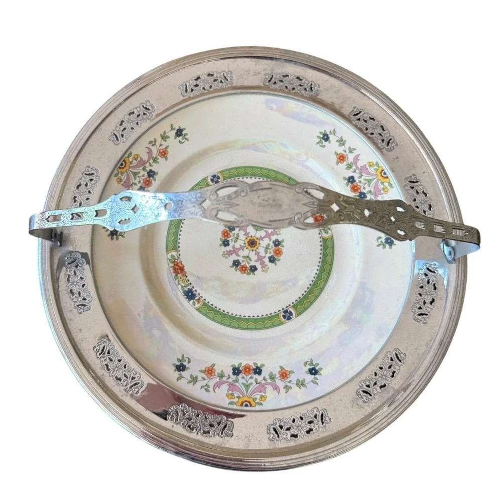 Vintage Hall China Lustreware Cake Plate, Chrome Forman Bros Handle Tray